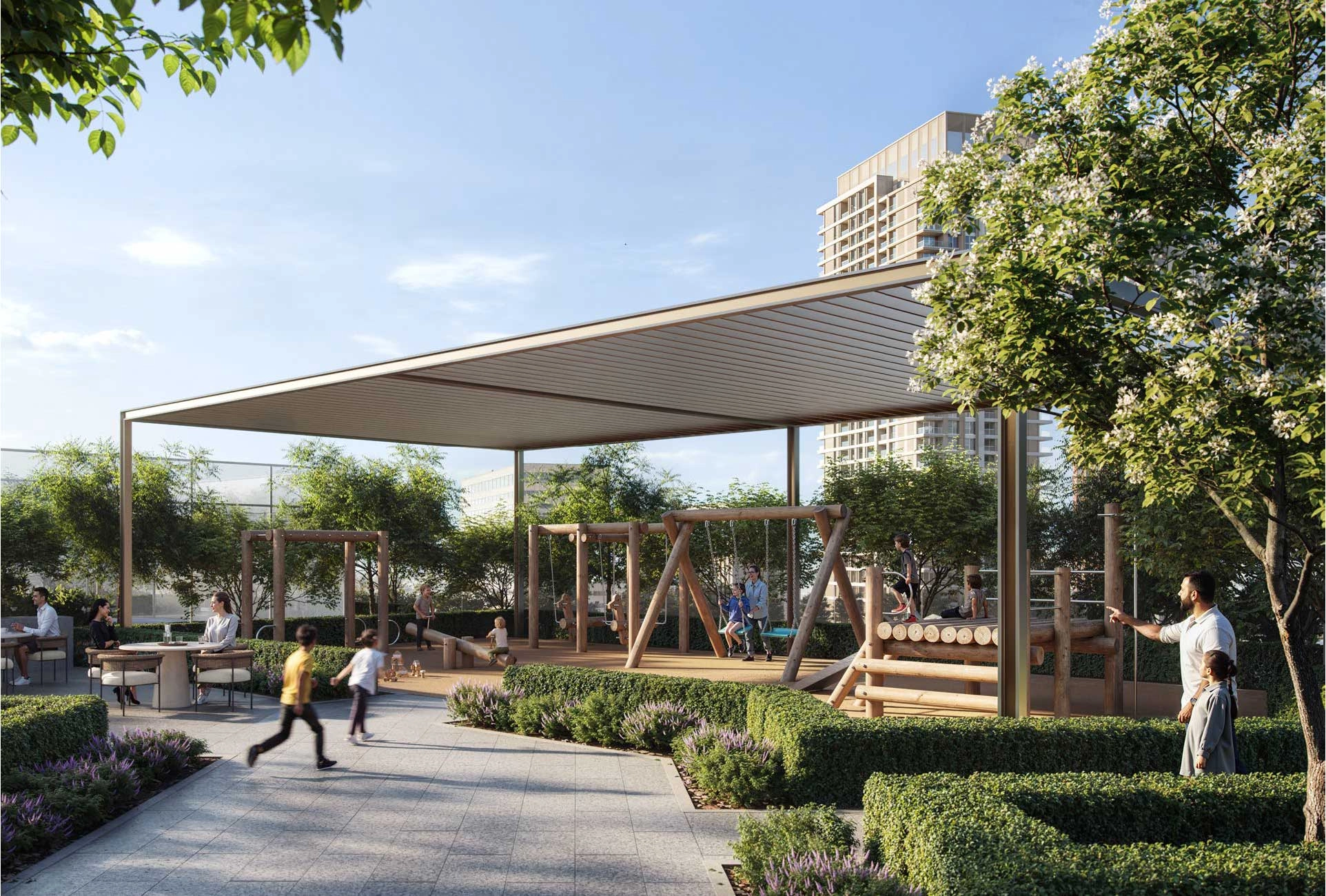 Eco-conscious building with natural materials and shaded balconies